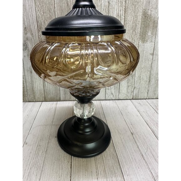 Vtg Decorative Brown Amber Swirl Glass Bowl W/Metal Pedestal & Lid 12.5" Tall - Picture 4 of 14